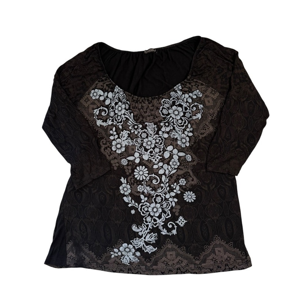 Vintage Y2K Whimsygoth Floral Medallion Tunic Top Lace Print Faux 3/4 Sleeve